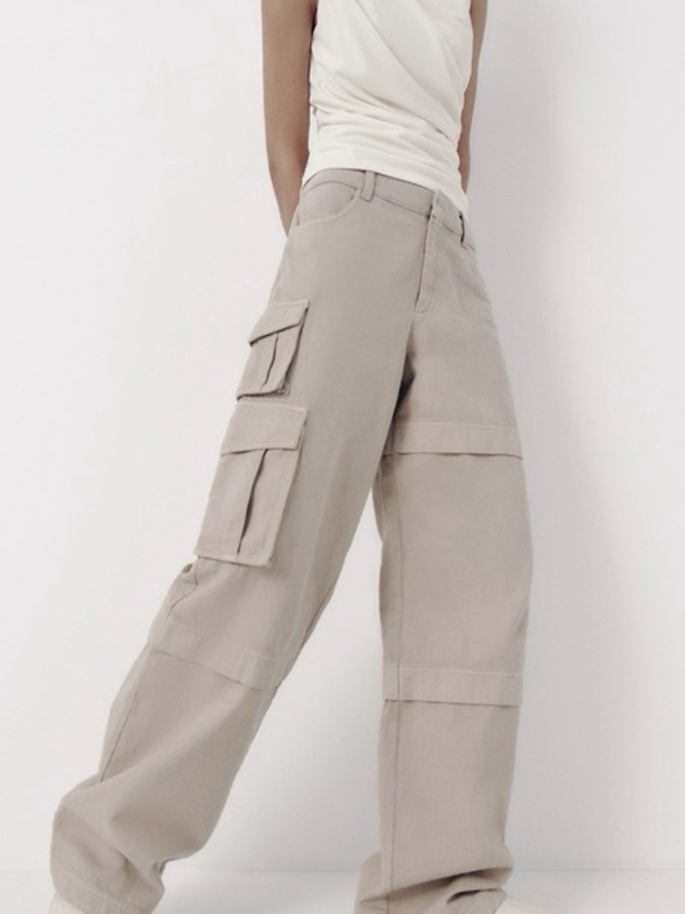 Zara Beige Wide-Leg Cargo Trousers pants pockets y2k M